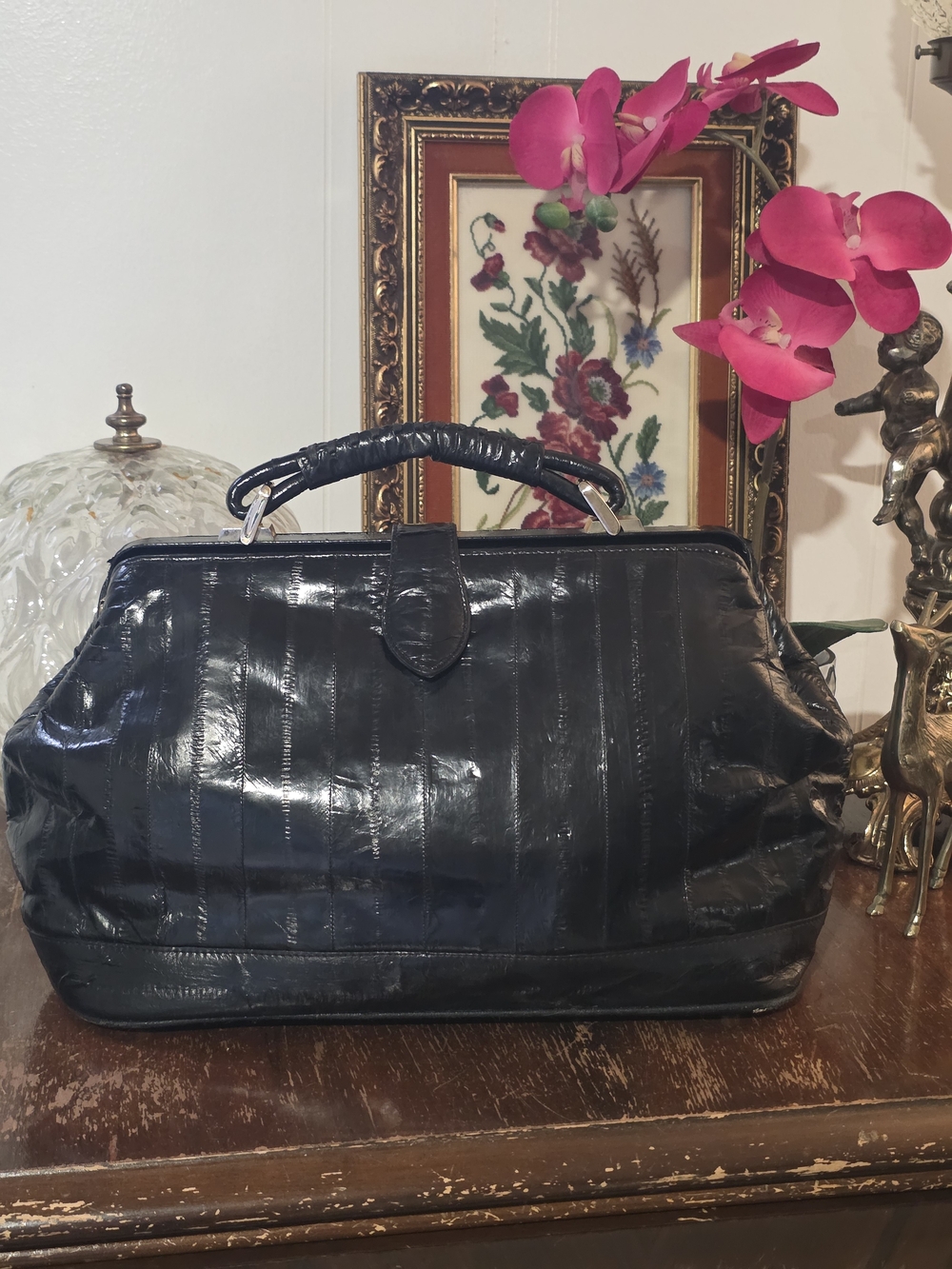Vintage Black Eelskin Boston Bag Structured Top Handle Frame Satchel 1980s